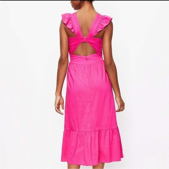 LOFT Pink Flutter Sleeve Cut Out Back Tiered Midi Dress Cotton Lined Size 2 - Picture 2 of 16